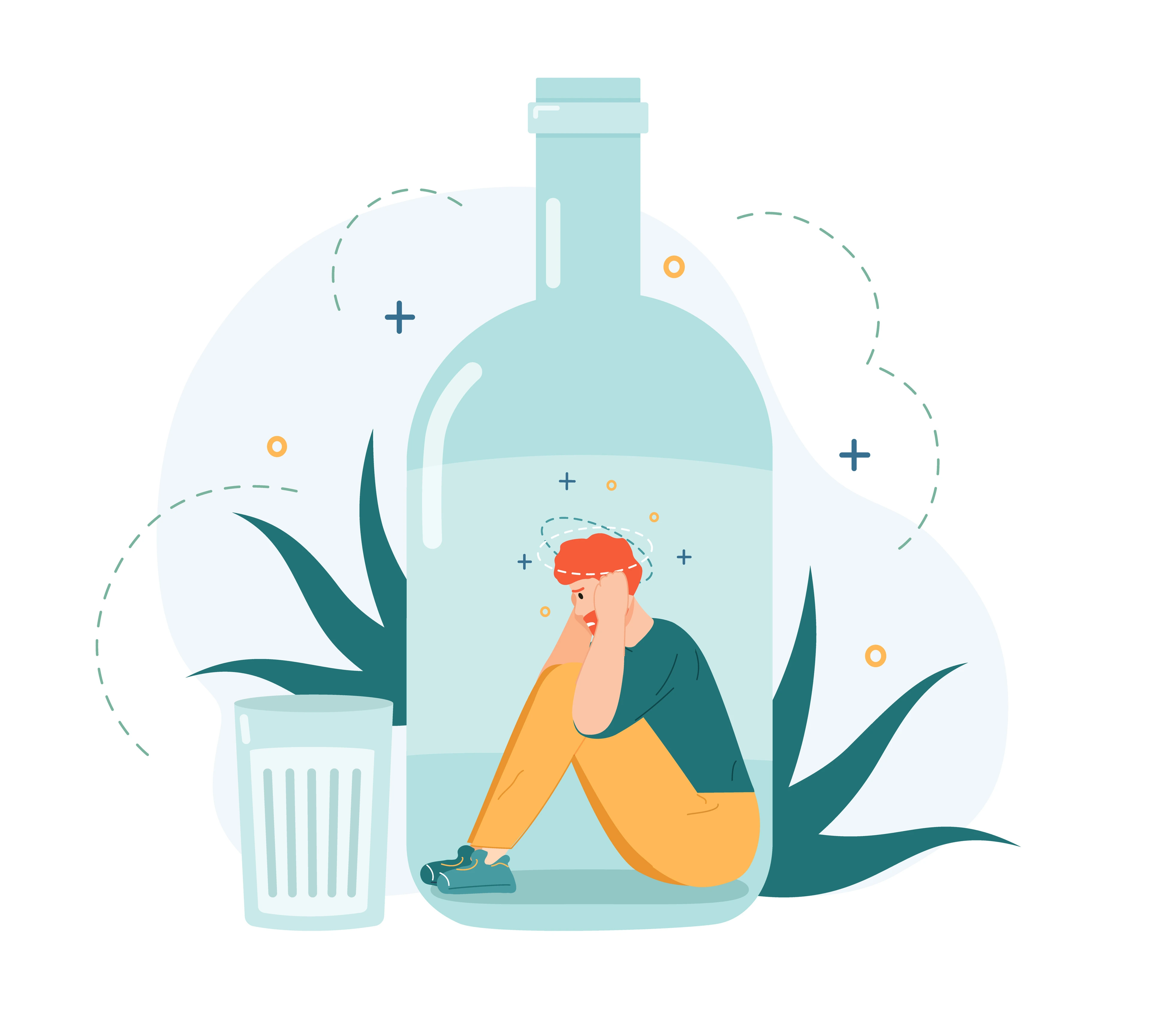 Alcohol addiction. Drunk man inside alcohol bottle, bad habit and unhealthy lifestyle, alcohol addicted frustrated person vector illustration