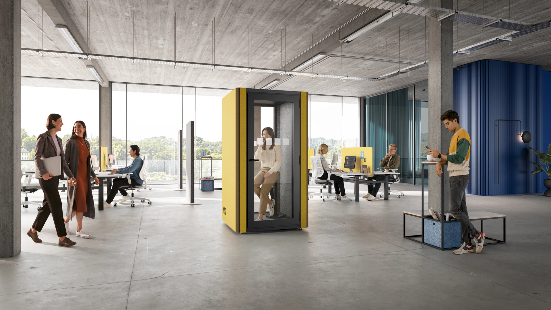 Phonebox Silencio, gelb, People, Hintergrund Crew-T Bench, rechts SALTO