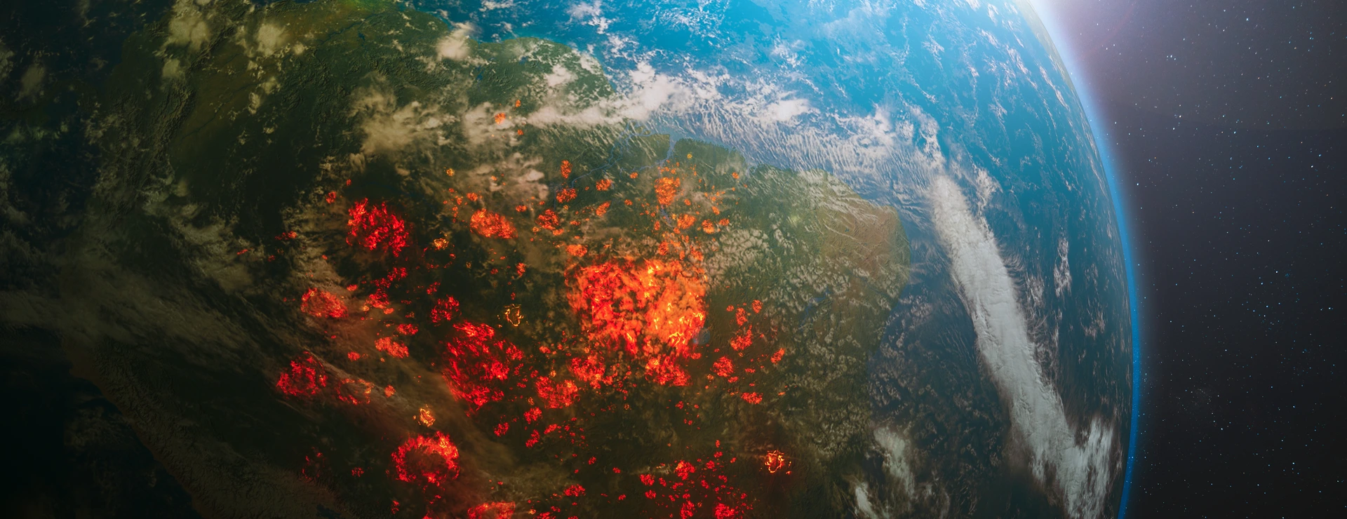 Aerial view from space of ecological disaster of fires in the Amazon, South America