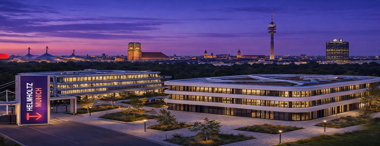 KI assembled hallmarks of Munich - not the real skyline - infront the Helmholtz Pioneer Campus and the Helmholtz Diabetes Center