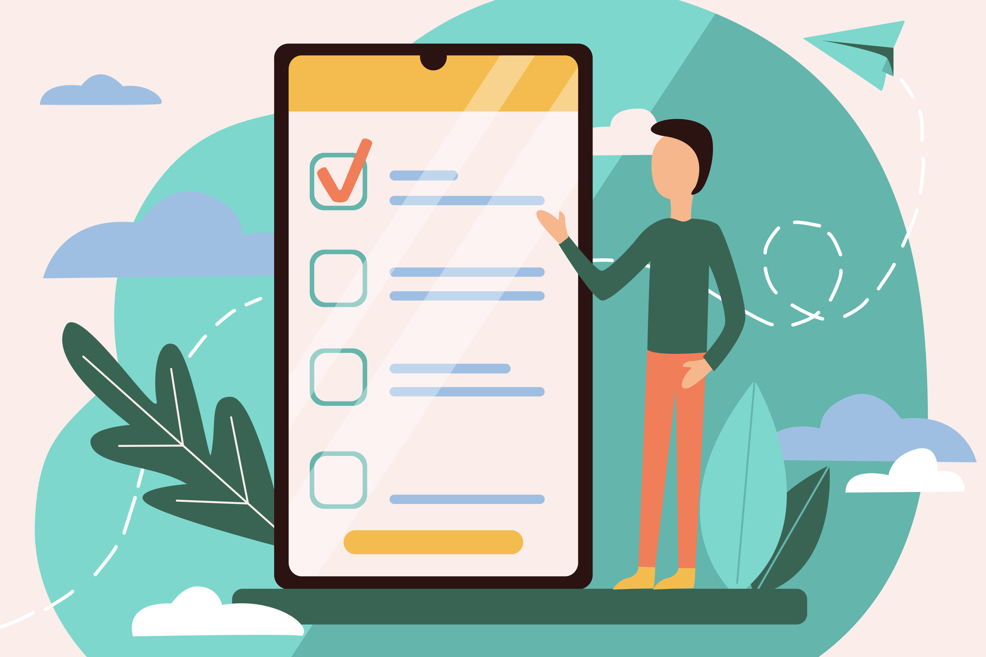 Illustration einer Person neben einem Smartphone mit einer digitalen Umfrage und abgehakter Antwort.