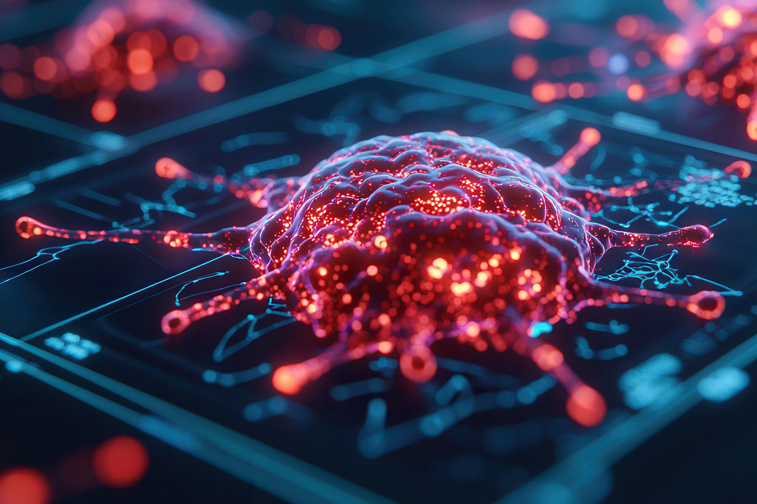 Artificial intelligence enables precision medicine through advanced monitoring. Digital representation of cancer cells with glowing details and intricate patterns.AdobeStock_1094300434