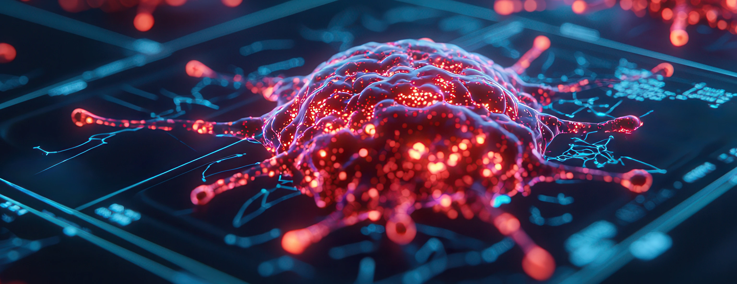 Artificial intelligence enables precision medicine through advanced monitoring. Digital representation of cancer cells with glowing details and intricate patterns.AdobeStock_1094300434