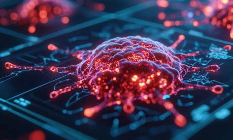 Artificial intelligence enables precision medicine through advanced monitoring. Digital representation of cancer cells with glowing details and intricate patterns.AdobeStock_1094300434