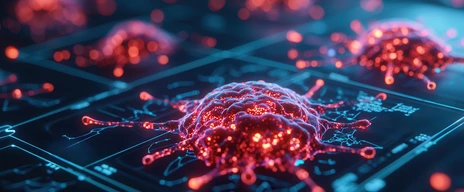 Artificial intelligence enables precision medicine through advanced monitoring. Digital representation of cancer cells with glowing details and intricate patterns.AdobeStock_1094300434