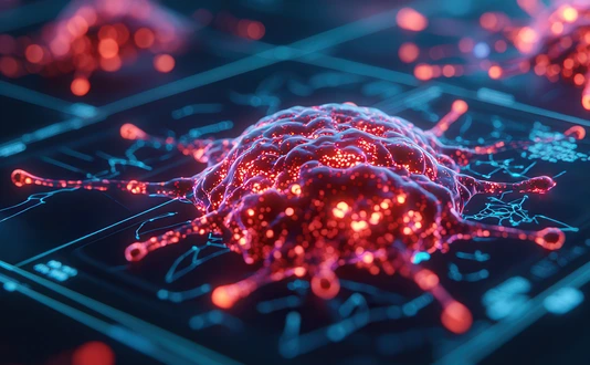 Artificial intelligence enables precision medicine through advanced monitoring. Digital representation of cancer cells with glowing details and intricate patterns.AdobeStock_1094300434