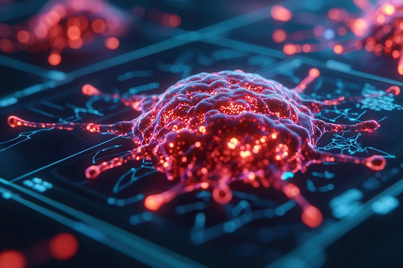 Artificial intelligence enables precision medicine through advanced monitoring. Digital representation of cancer cells with glowing details and intricate patterns.AdobeStock_1094300434