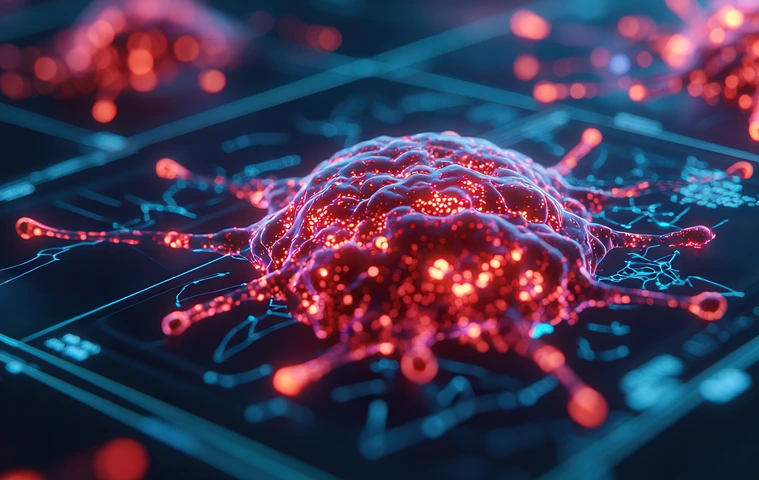 Artificial intelligence enables precision medicine through advanced monitoring. Digital representation of cancer cells with glowing details and intricate patterns.AdobeStock_1094300434