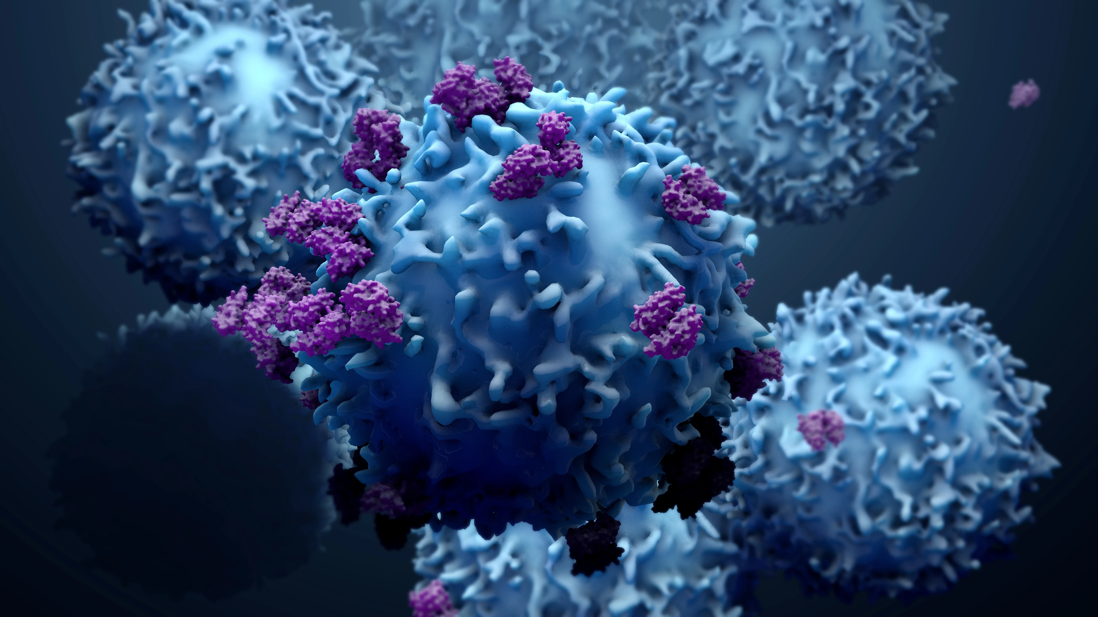 3d illustration proteins with lymphocytes , t cells or cancer cells
