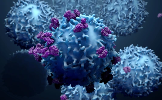 3d illustration proteins with lymphocytes , t cells or cancer cells