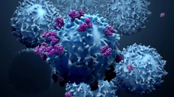 3d illustration proteins with lymphocytes , t cells or cancer cells