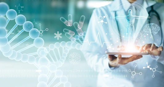 Medicine doctor touching electronic medical record on tablet. DNA