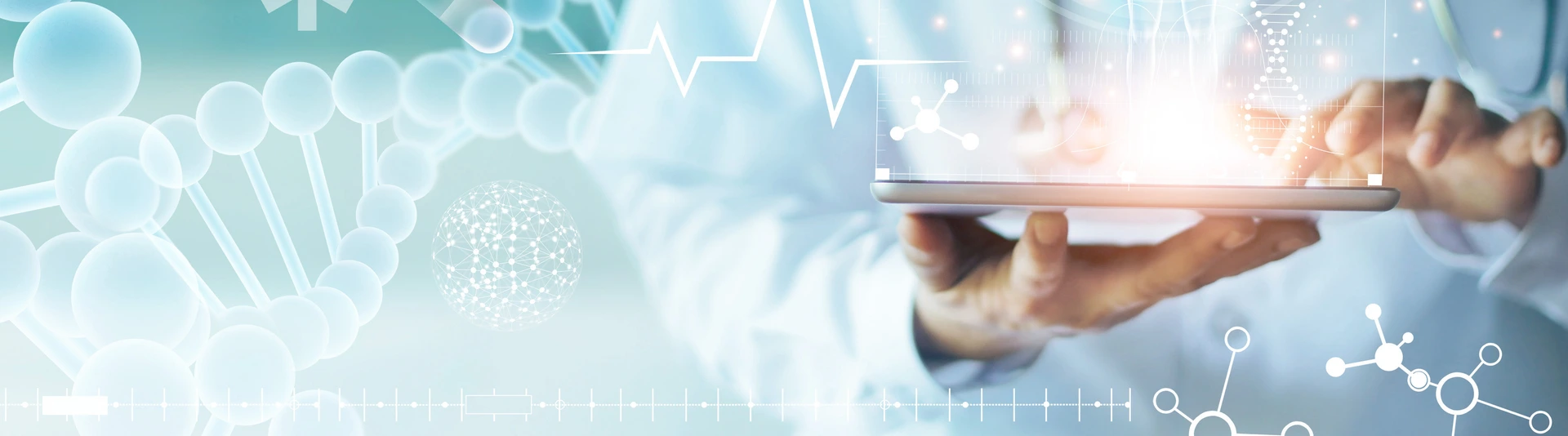Medicine doctor touching electronic medical record on tablet. DNA