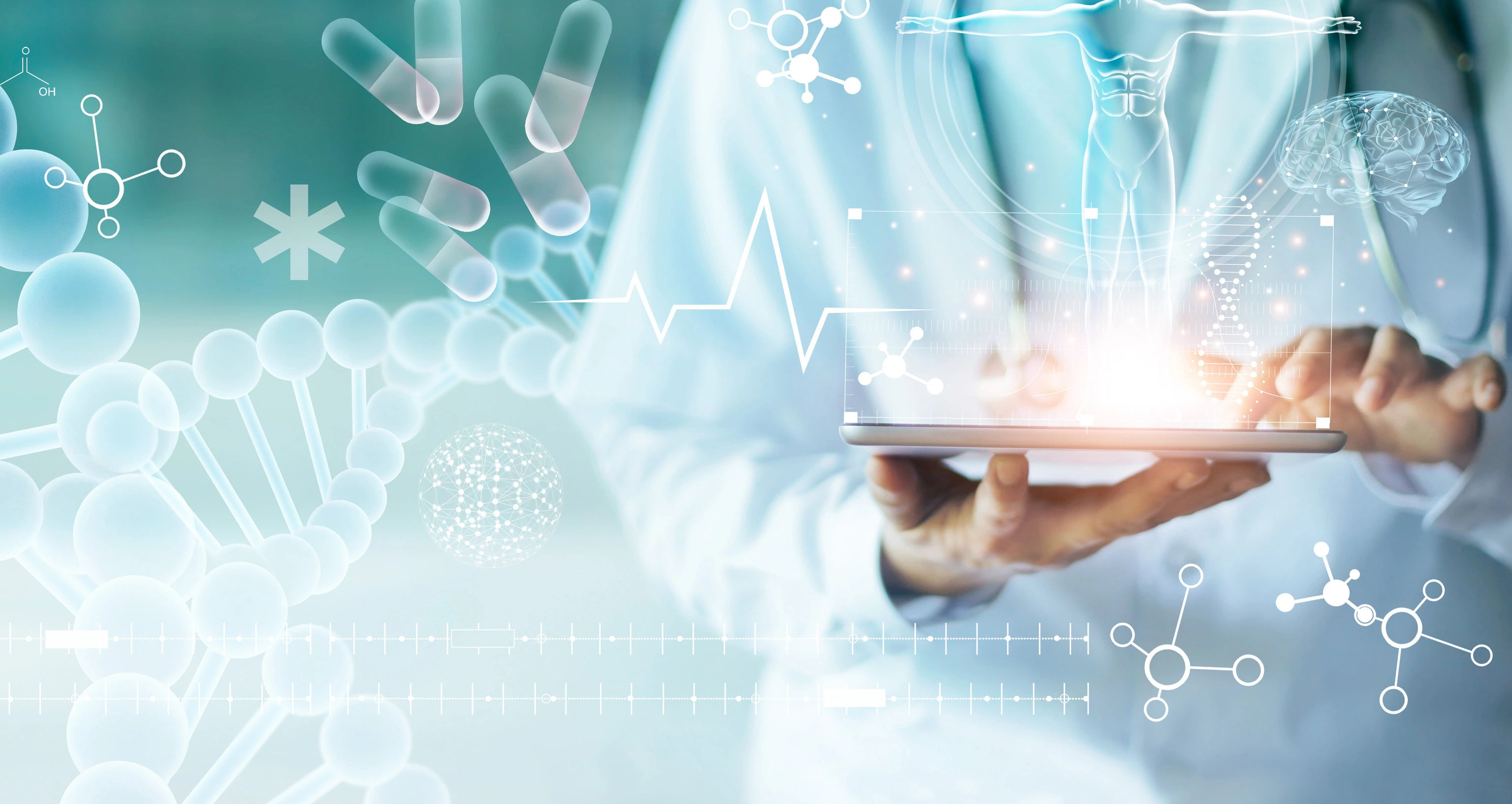 Medicine doctor touching electronic medical record on tablet. DNA