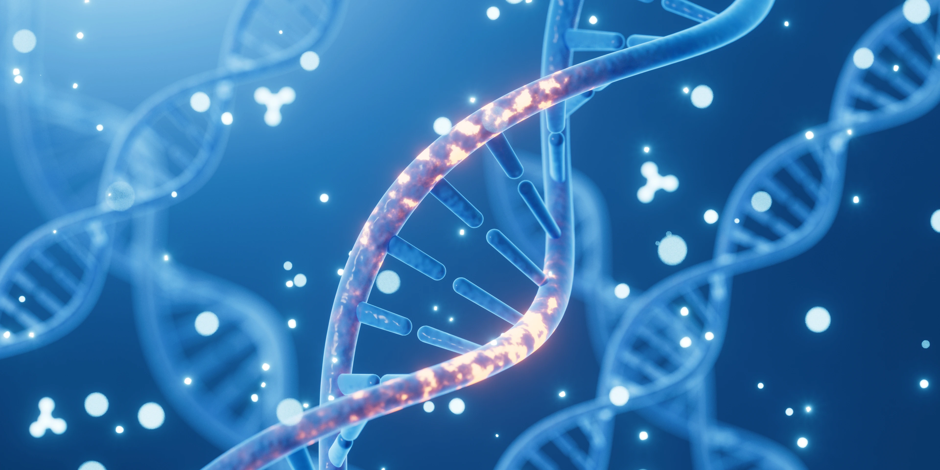 3D-Illustration von einer mutierten DNA und von Molekülen