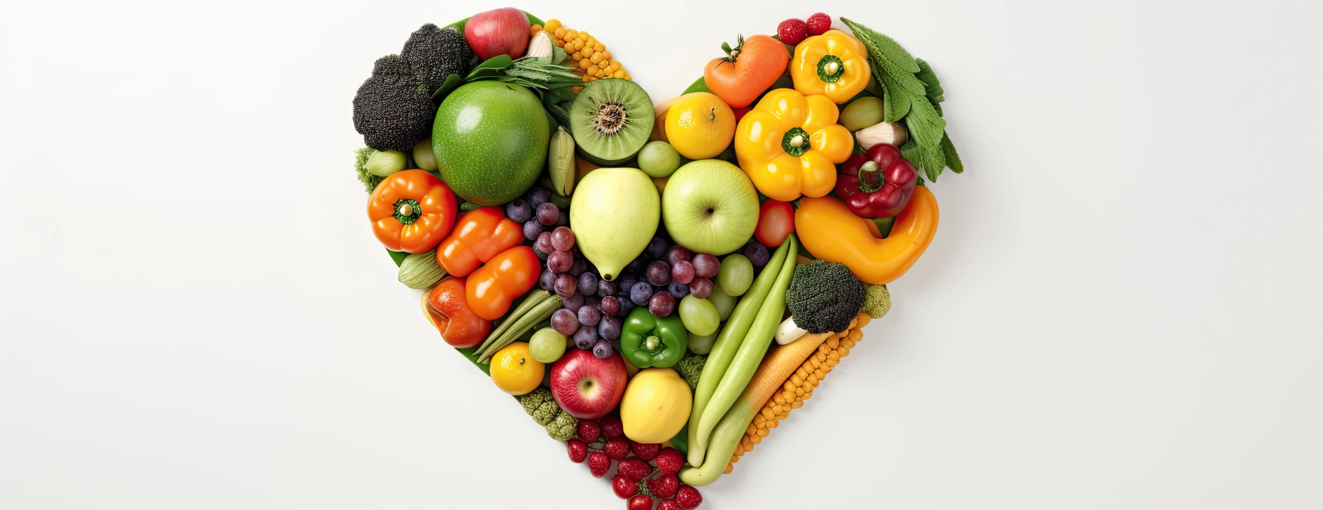 Fruits and vegetables arranged in the shape of a heart, representing healthy food and nutrition,