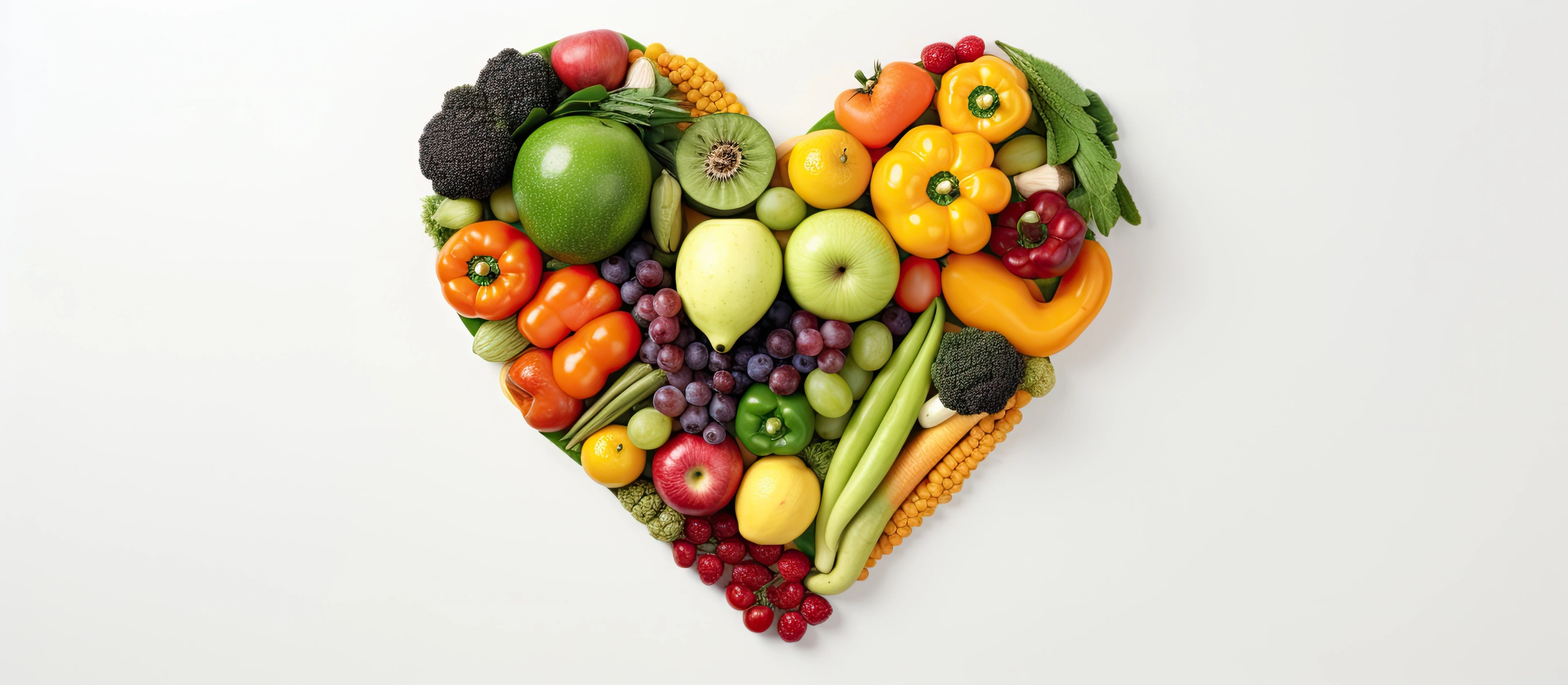 Fruits and vegetables arranged in the shape of a heart, representing healthy food and nutrition