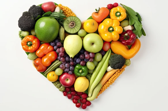 Fruits and vegetables arranged in the shape of a heart, representing healthy food and nutrition,