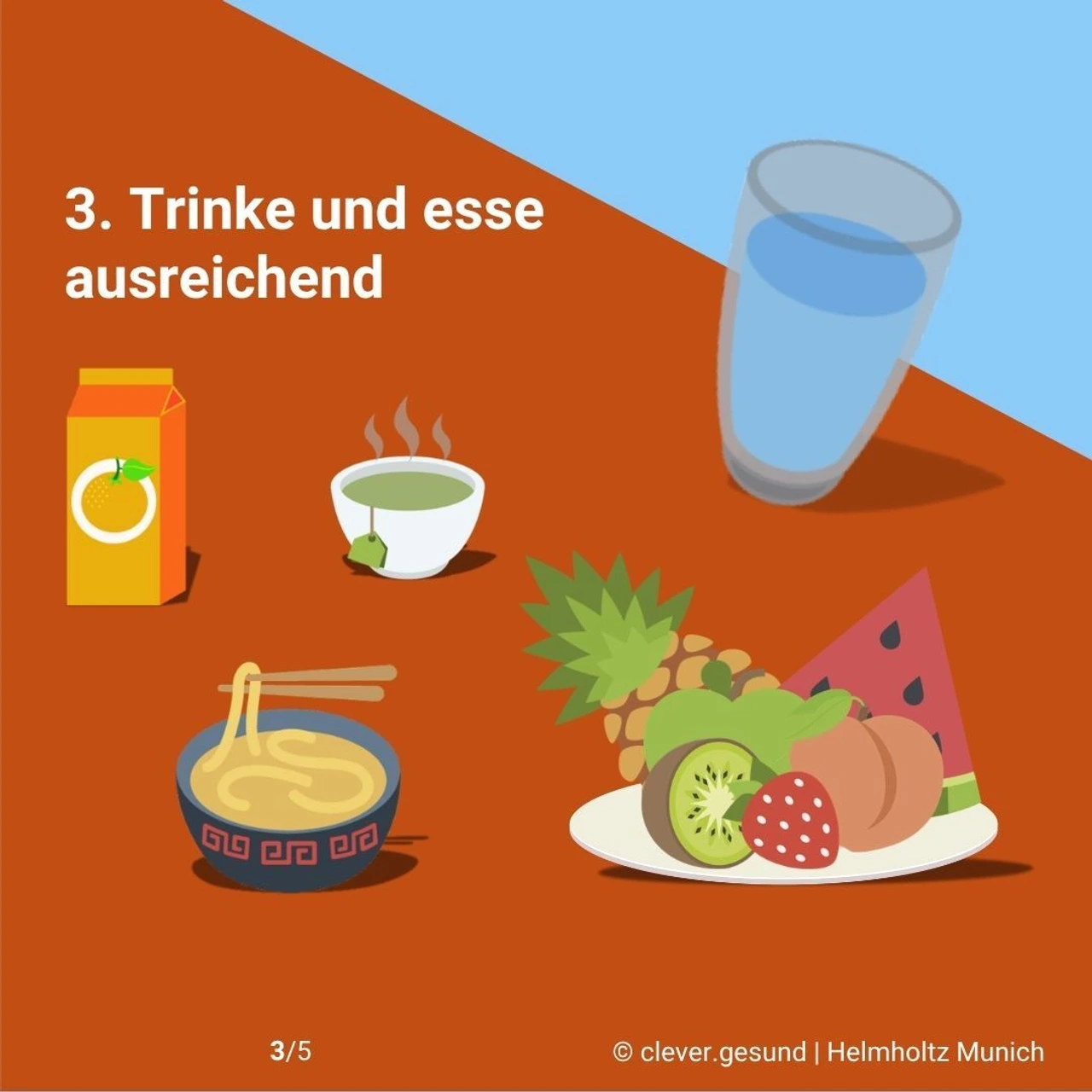 Die Grafik illustriert den Tipp "Trinke und esse ausreichend"