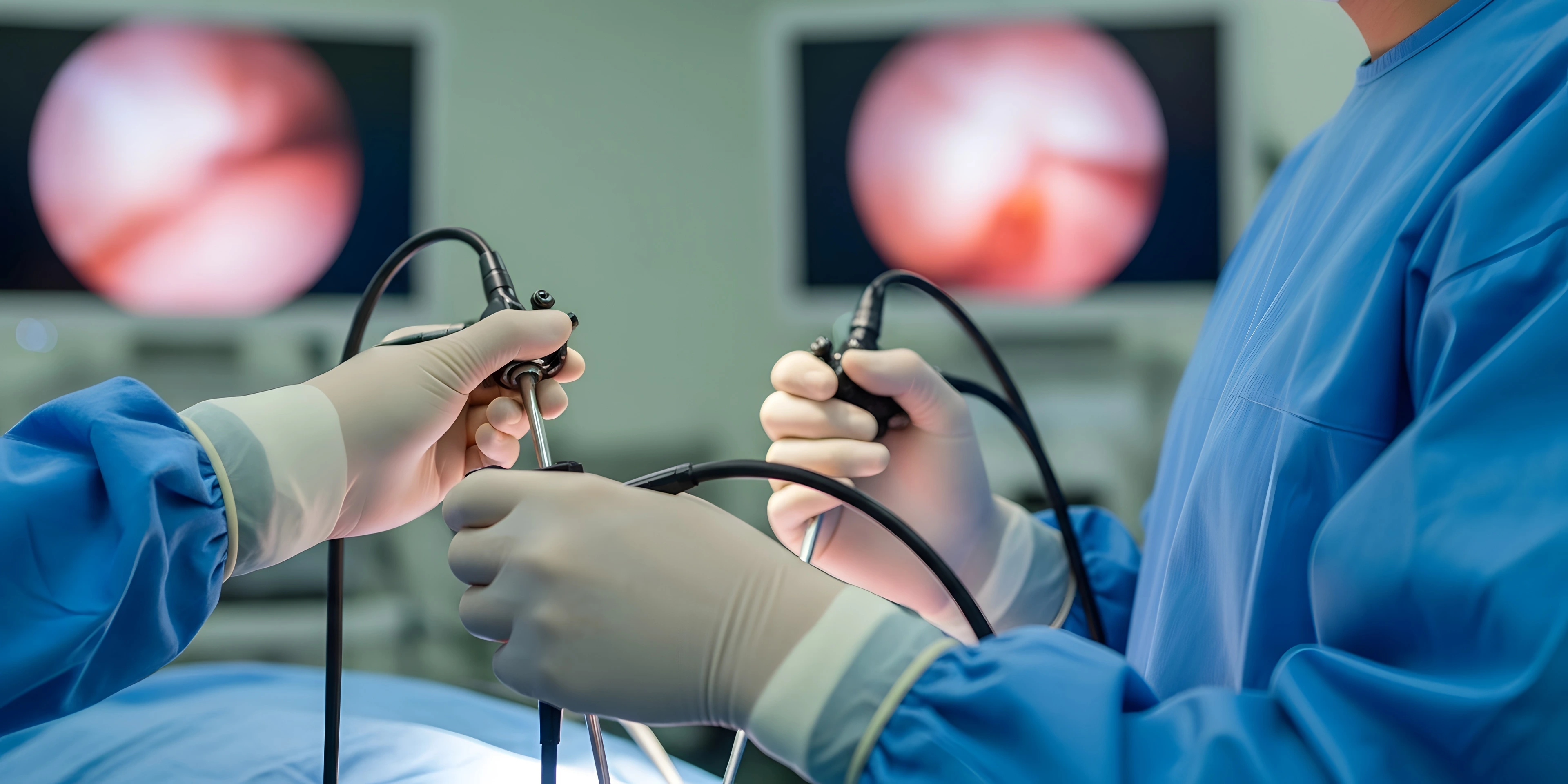 Minimalinvasive Chirurgie: Nahaufnahme von Chirurgen, die während eines Eingriffs in einem modernen Operationssaal Endoskope verwenden