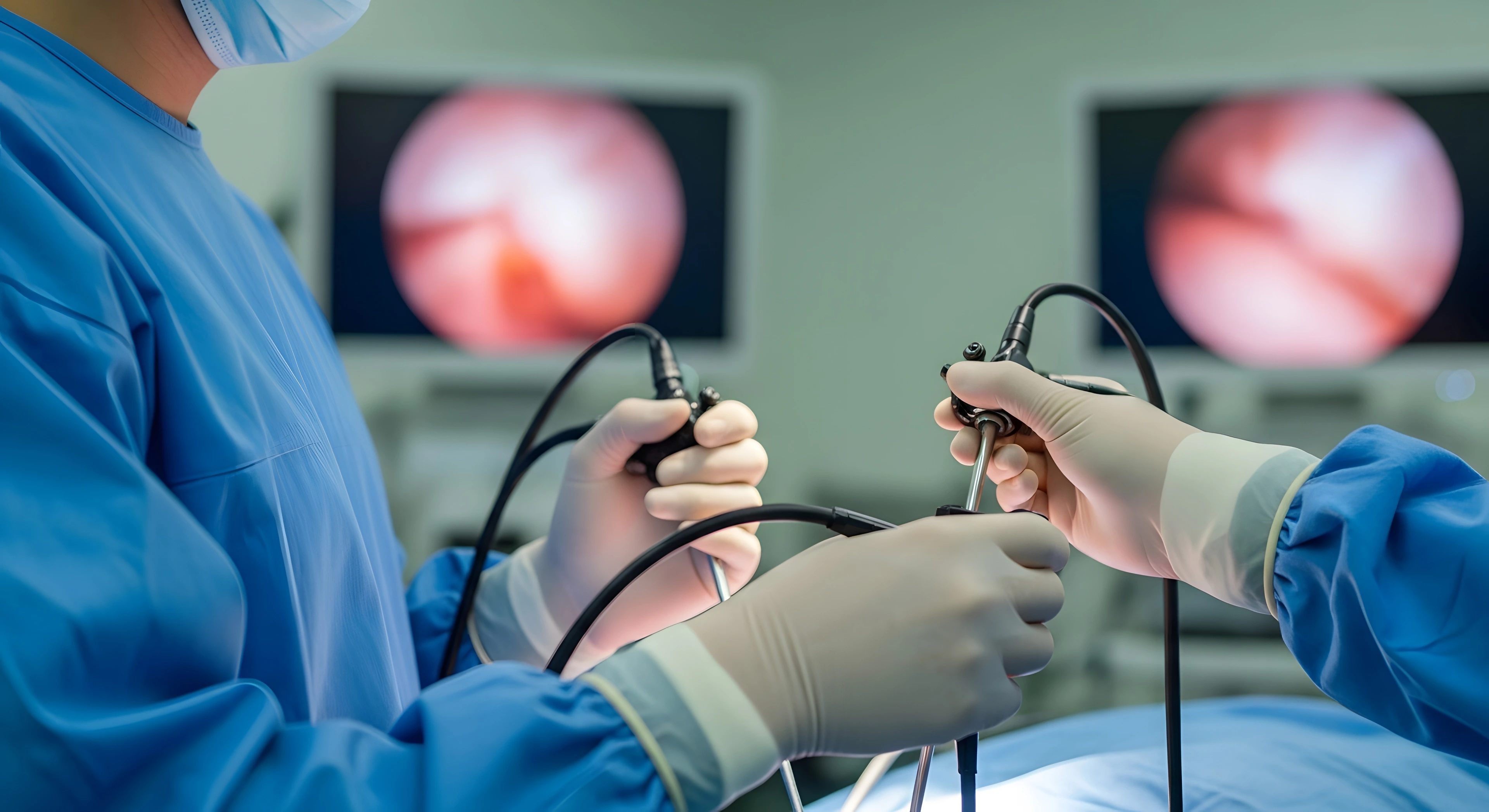 Minimalinvasive Chirurgie: Nahaufnahme von Chirurgen, die während eines Eingriffs in einem modernen Operationssaal Endoskope verwenden