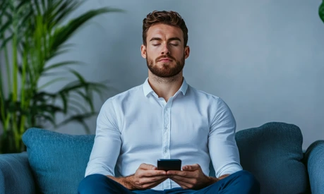Mann nutzt eine App zur Entspannung