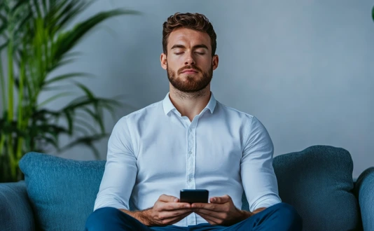Mann nutzt eine App zur Entspannung