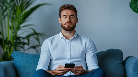Mann nutzt eine App zur Entspannung
