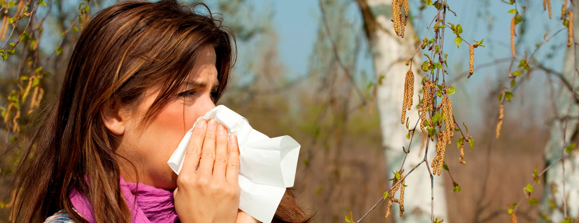 Frau hat Heuschnupfen gegen Birkenpollen