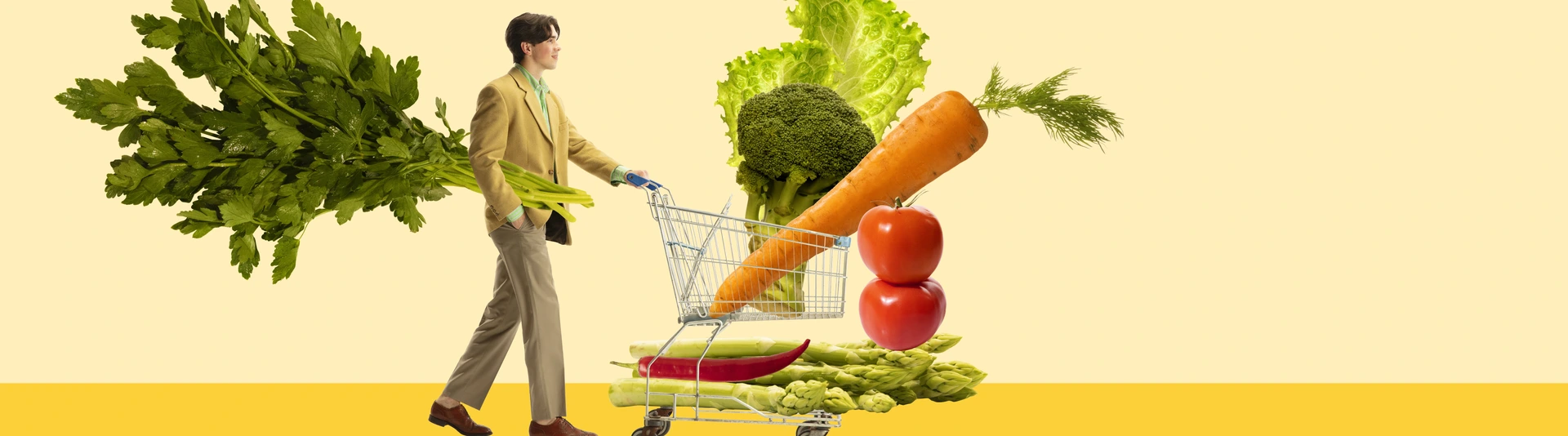 Young man going grocery shopping, buying vegetables, carrot, lettuce, broccoli, tomatoes and asparagus. Contemporary art collage