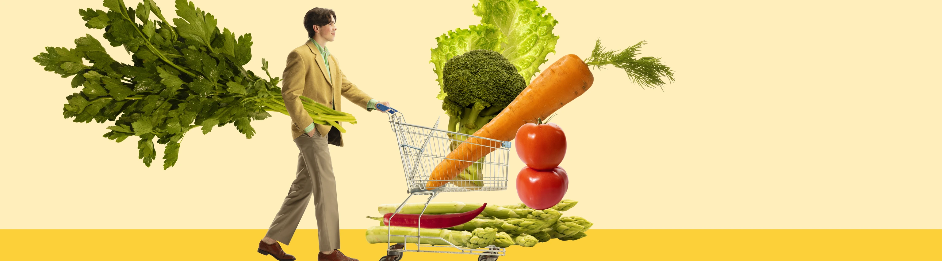 Young man going grocery shopping, buying vegetables, carrot, lettuce, broccoli, tomatoes and asparagus. Contemporary art collage