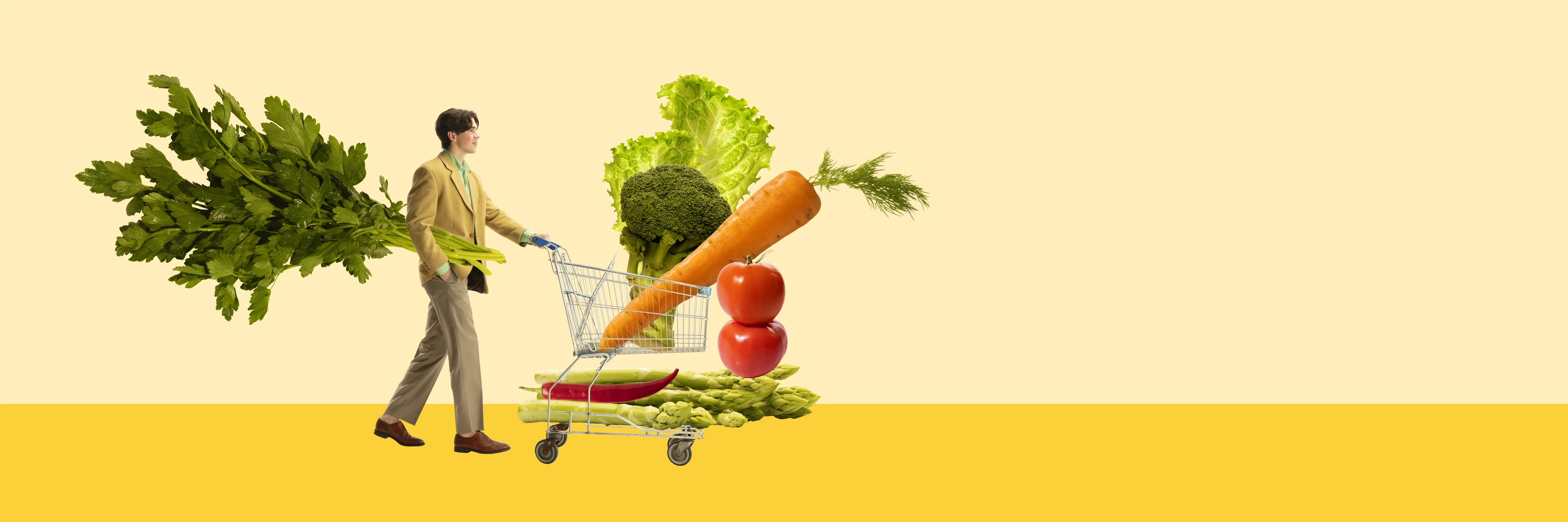 Young man going grocery shopping, buying vegetables, carrot, lettuce, broccoli, tomatoes and asparagus. Contemporary art collage