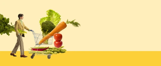 Young man going grocery shopping, buying vegetables, carrot, lettuce, broccoli, tomatoes and asparagus. Contemporary art collage