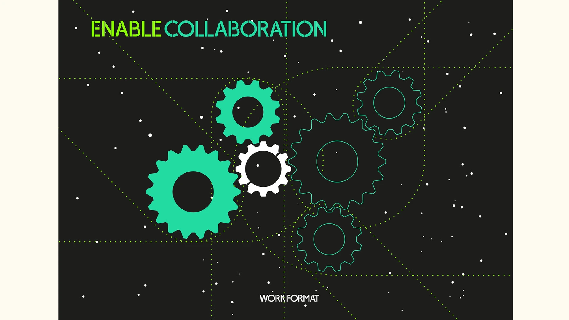 Schwarze Grafik mit grünen Zahnrädern, Schriftzug ENABLE COLLABORATION oben, WORKFORMAT unten, von PALMBERG