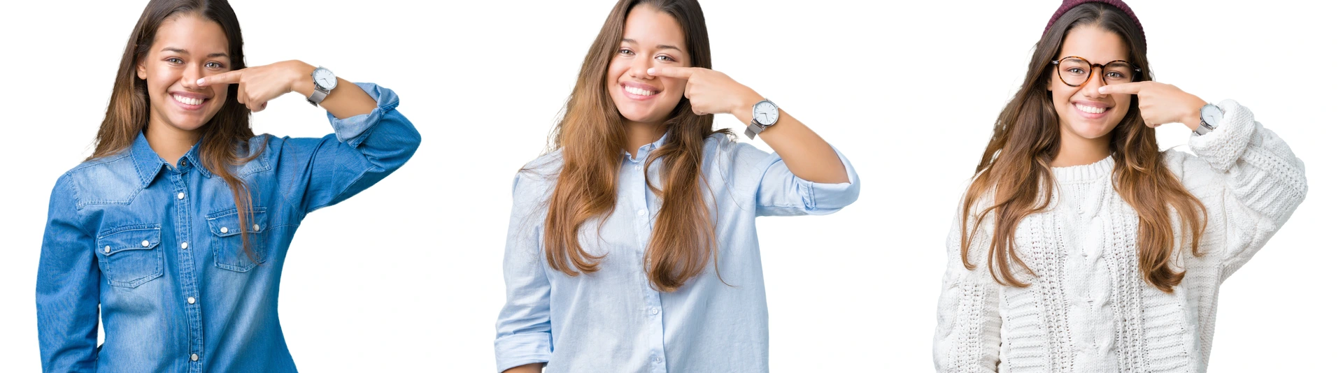 Collage of beautiful young woman over isolated background Pointing with hand finger to face and nose, smiling cheerful