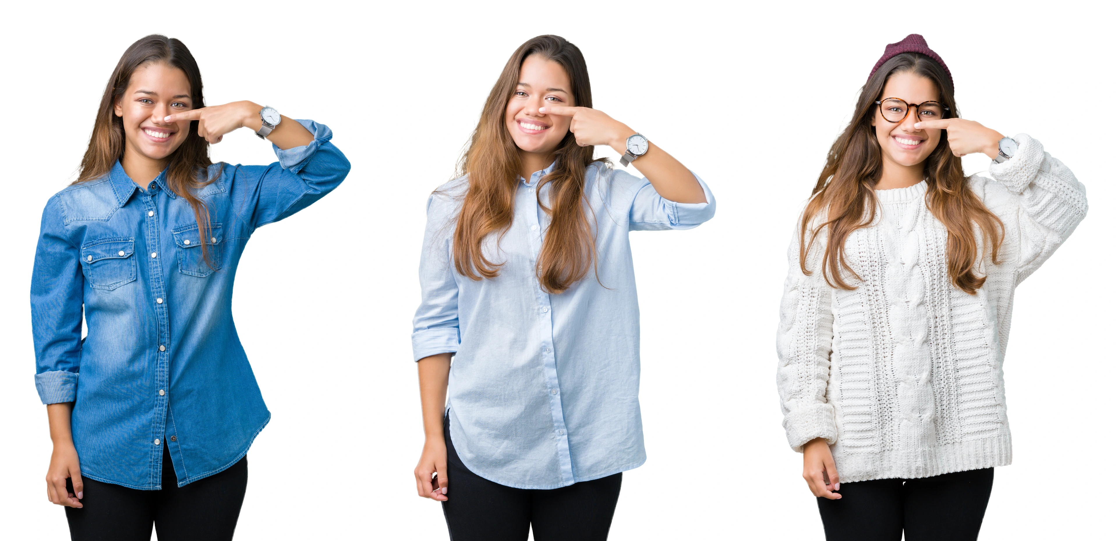 Collage of beautiful young woman over isolated background Pointing with hand finger to face and nose, smiling cheerful