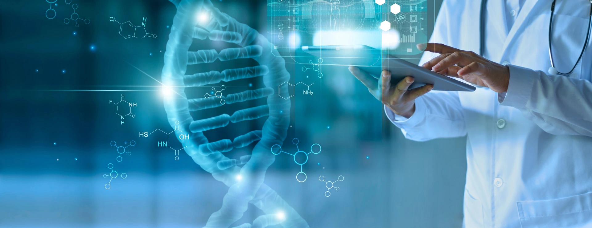 Medicine doctor touching electronic medical record on tablet. DNA. Digital healthcare and network connection on hologram modern virtual screen interface, medical technology and network concept.