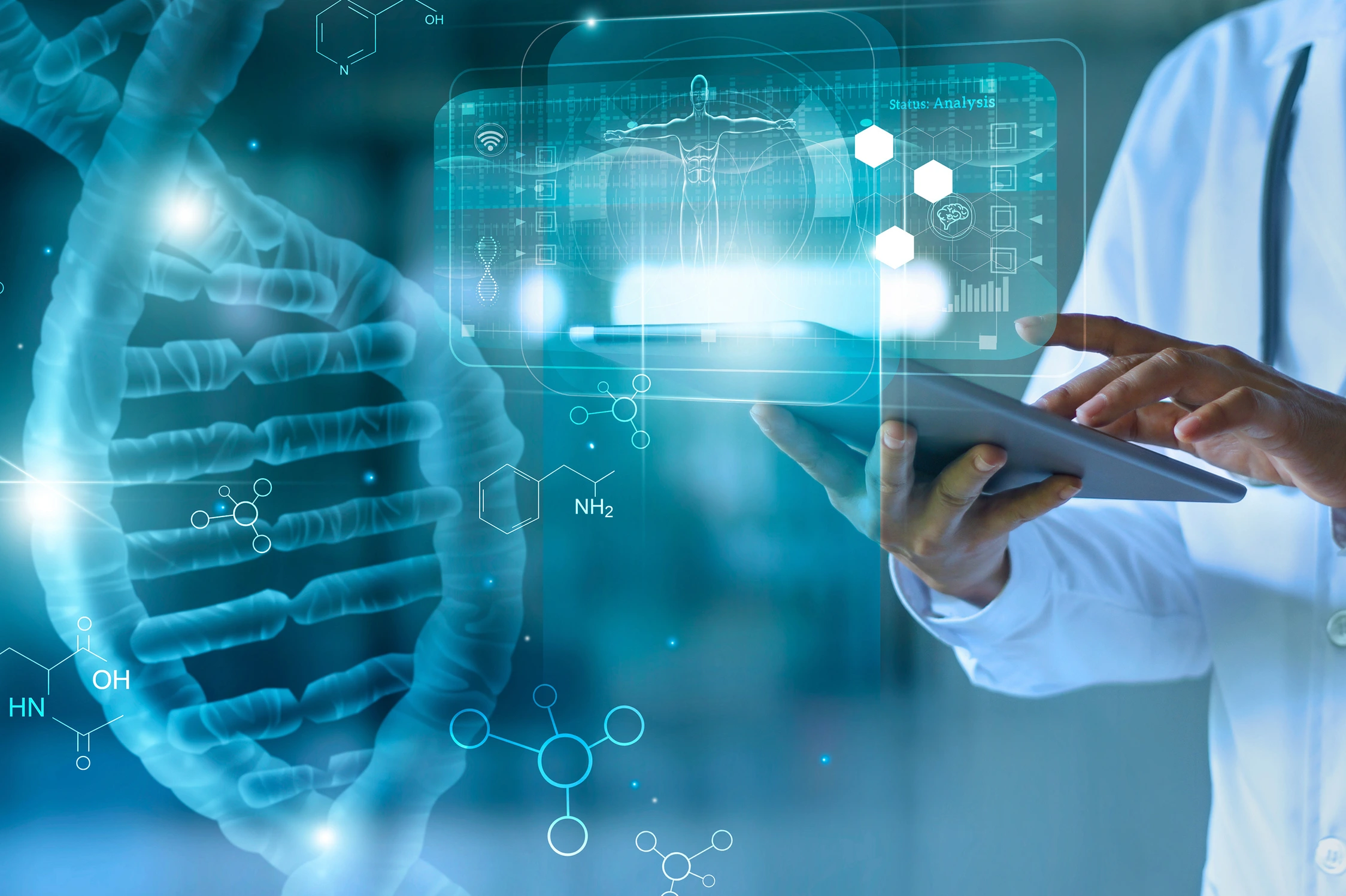 Medicine doctor touching electronic medical record on tablet. DNA. Digital healthcare and network connection on hologram modern virtual screen interface, medical technology and network concept.