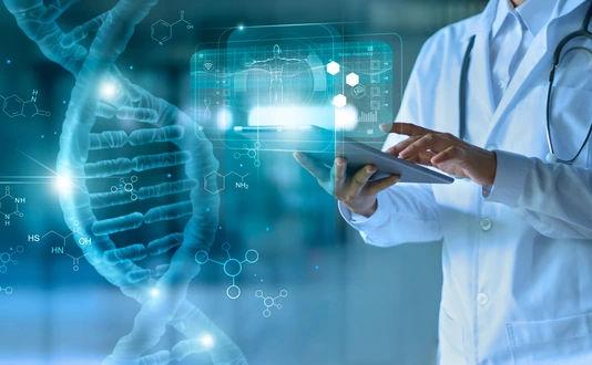 Medicine doctor touching electronic medical record on tablet. DNA. Digital healthcare and network connection on hologram modern virtual screen interface, medical technology and network concept.