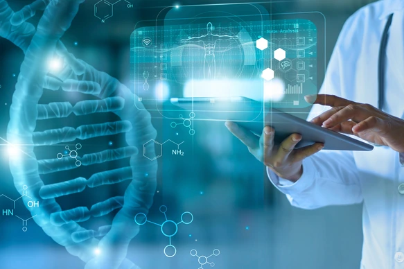 Medicine doctor touching electronic medical record on tablet. DNA. Digital healthcare and network connection on hologram modern virtual screen interface, medical technology and network concept.