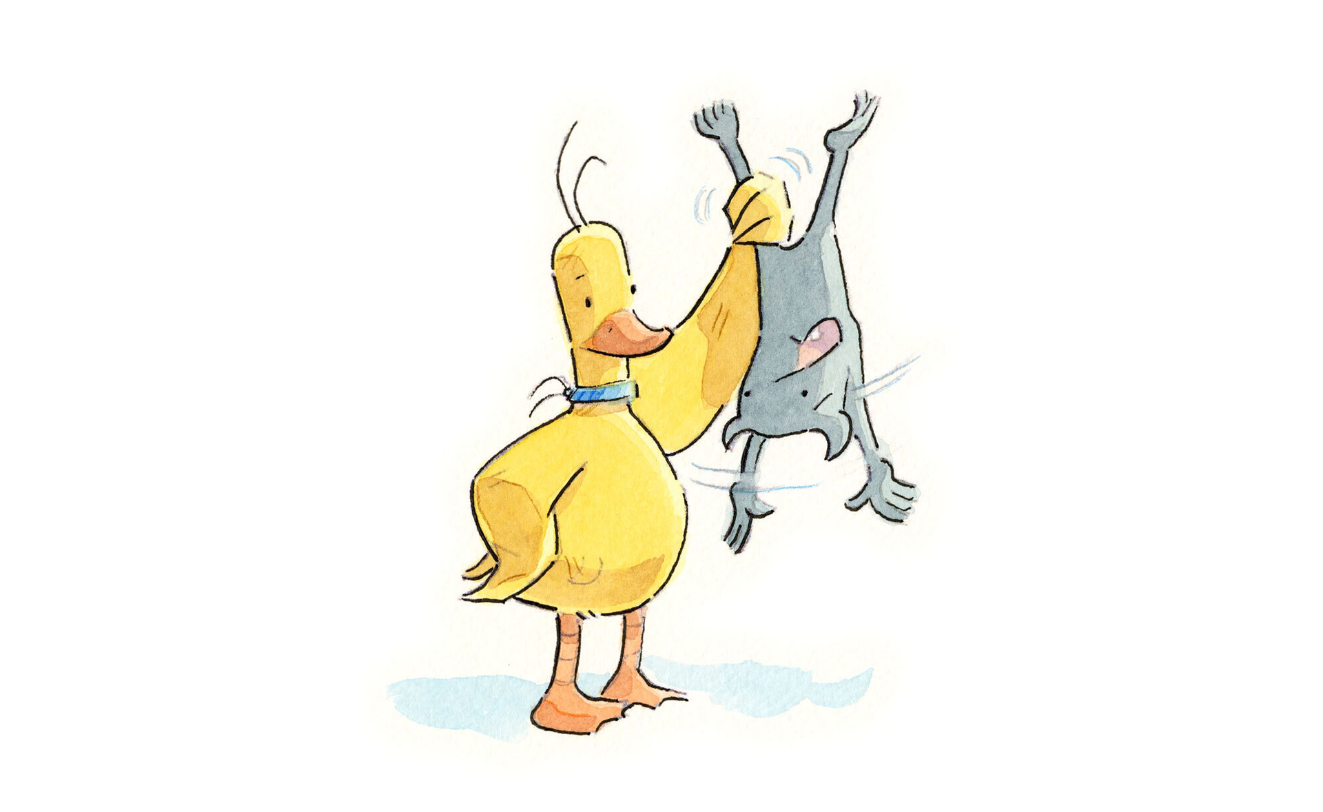 Illustration, Aquarell, Ente Merle hat den bösen "Tyrannicus" am Bein gepackt