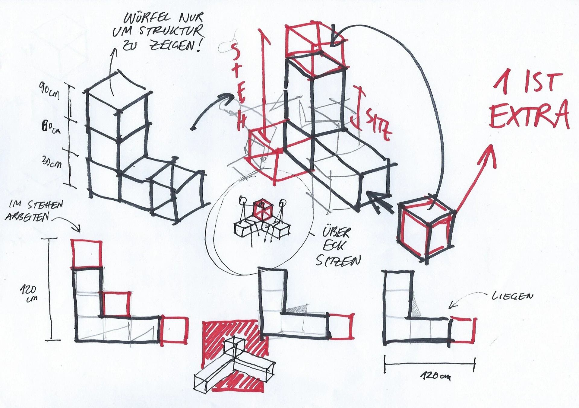 Handgezeichnete Designskizze von PALMBERG: Modulares Möbelsystem aus Würfelelementen in verschiedenen Konfigurationen zum Stehen, Sitzen und Liegen, mit Maßangaben und Notizen.