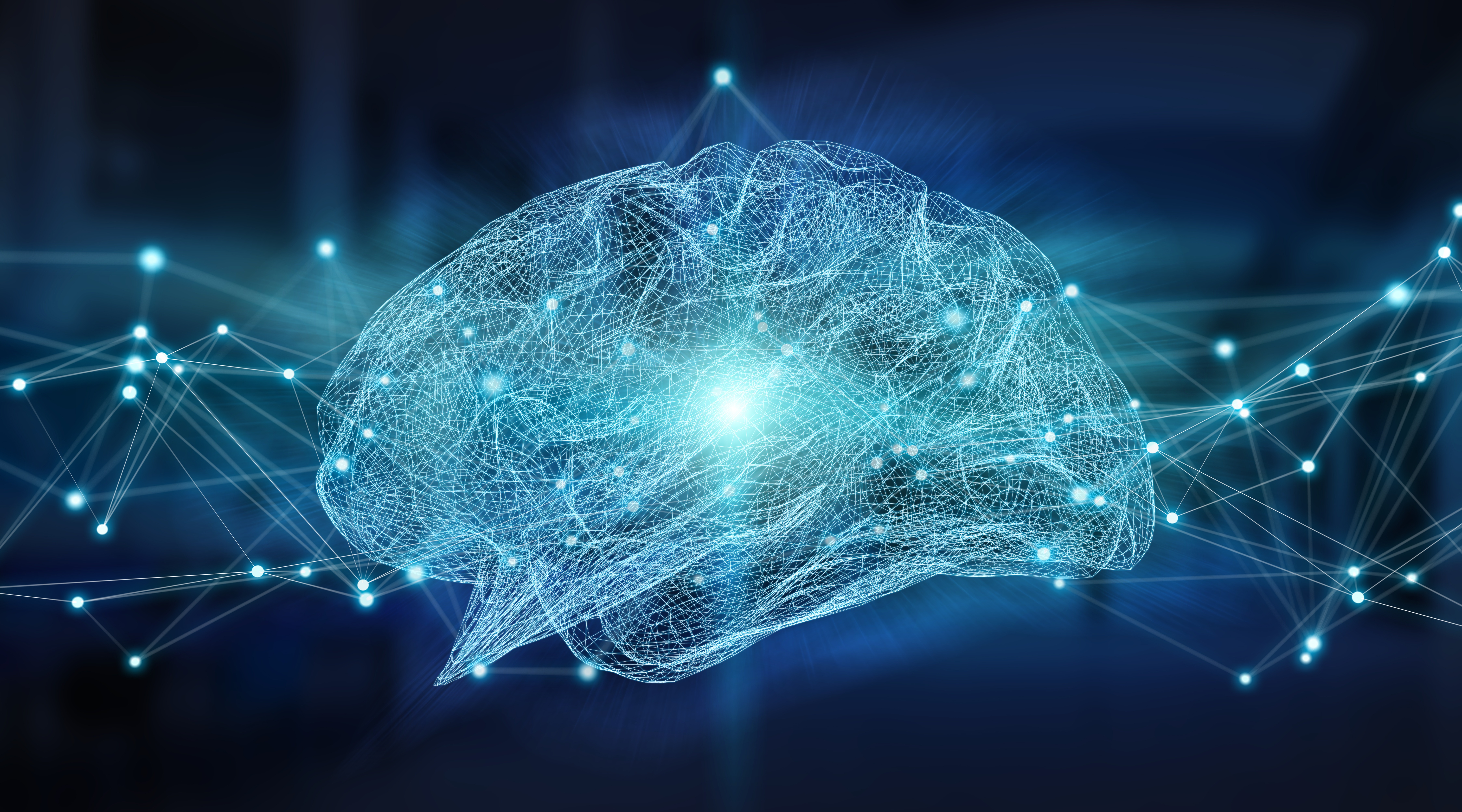Human brain digital x-ray on server background 3D rendering