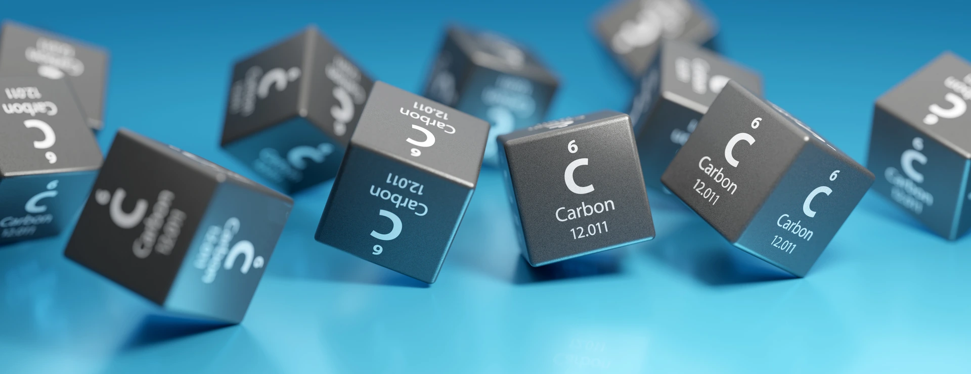 Carbon (C) chemical element, organic compound - used in chemical industry and as energy source - fossil fuels, coal, natural gas. Promotional education periodic symbol element 3D render.