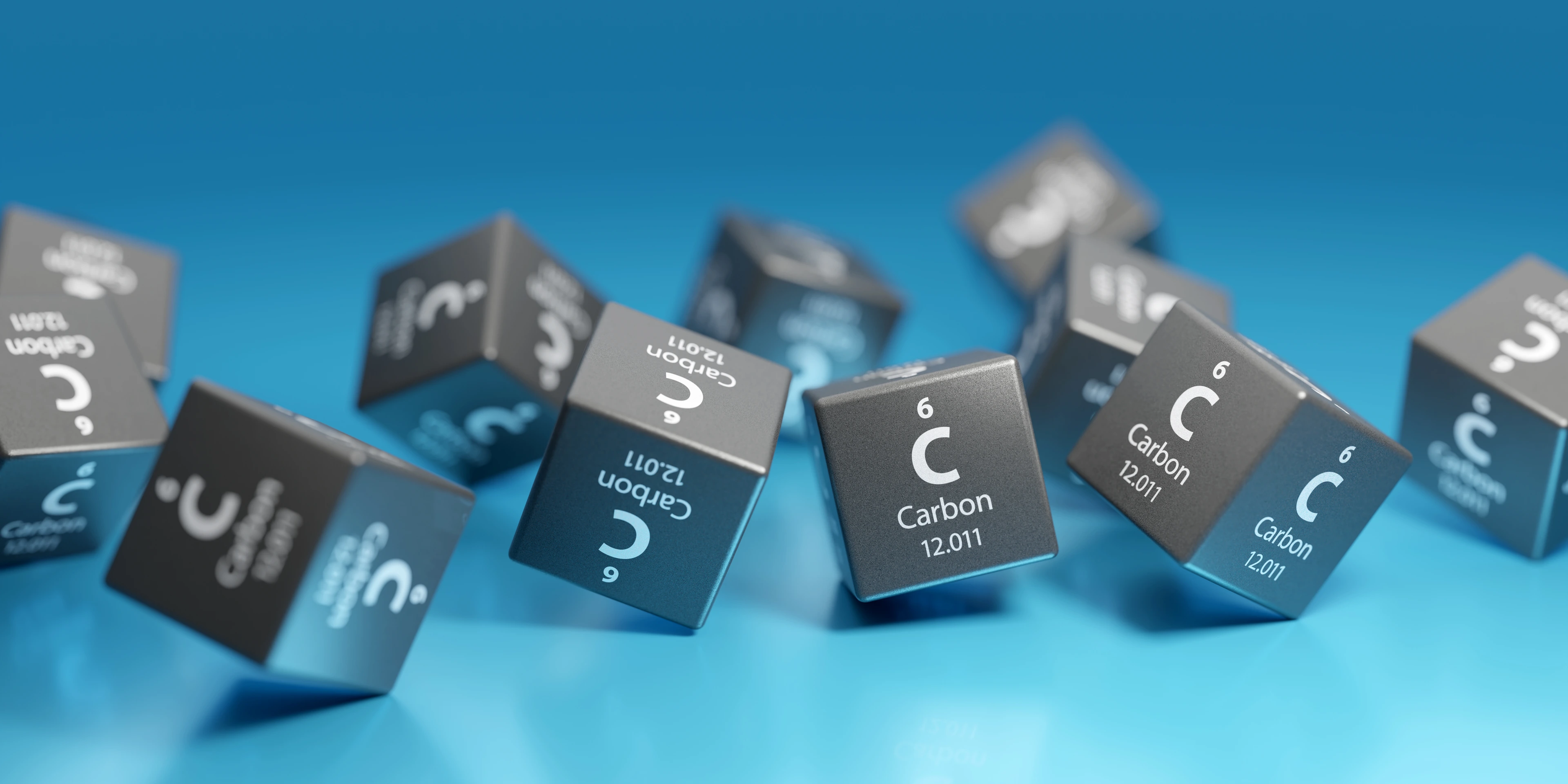 Carbon (C) chemical element, organic compound - used in chemical industry and as energy source - fossil fuels, coal, natural gas. Promotional education periodic symbol element 3D render.