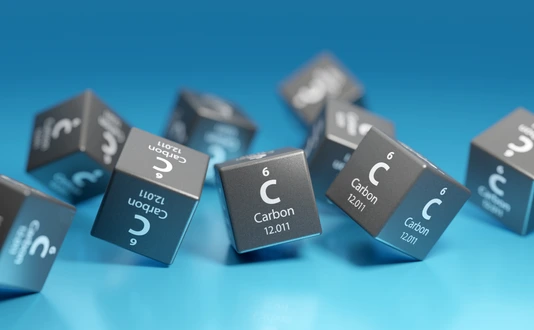 Carbon (C) chemical element, organic compound - used in chemical industry and as energy source - fossil fuels, coal, natural gas. Promotional education periodic symbol element 3D render.