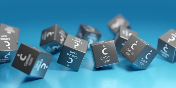Carbon (C) chemical element, organic compound - used in chemical industry and as energy source - fossil fuels, coal, natural gas. Promotional education periodic symbol element 3D render.