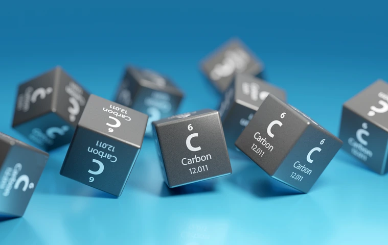 Carbon (C) chemical element, organic compound - used in chemical industry and as energy source - fossil fuels, coal, natural gas. Promotional education periodic symbol element 3D render.