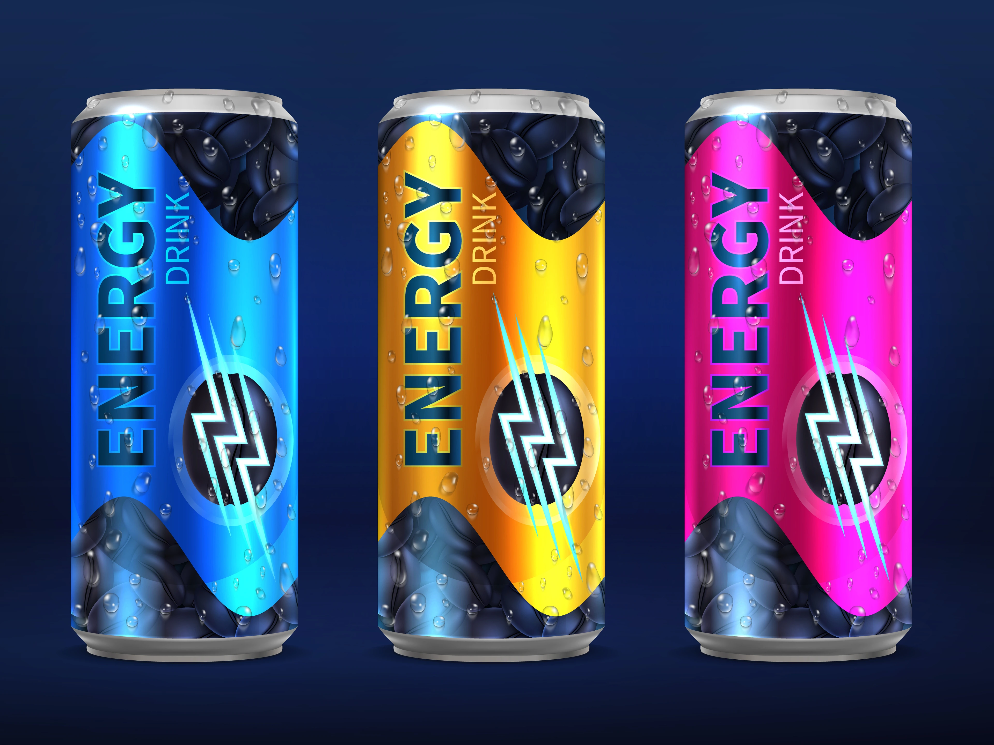 Realistic disposable energy drink cans in different colors of design vector template isolated on white background