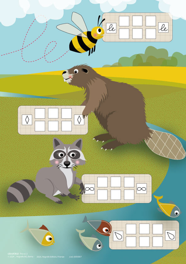 Illustrazione con animali e caselle vuote per completare le parole.
